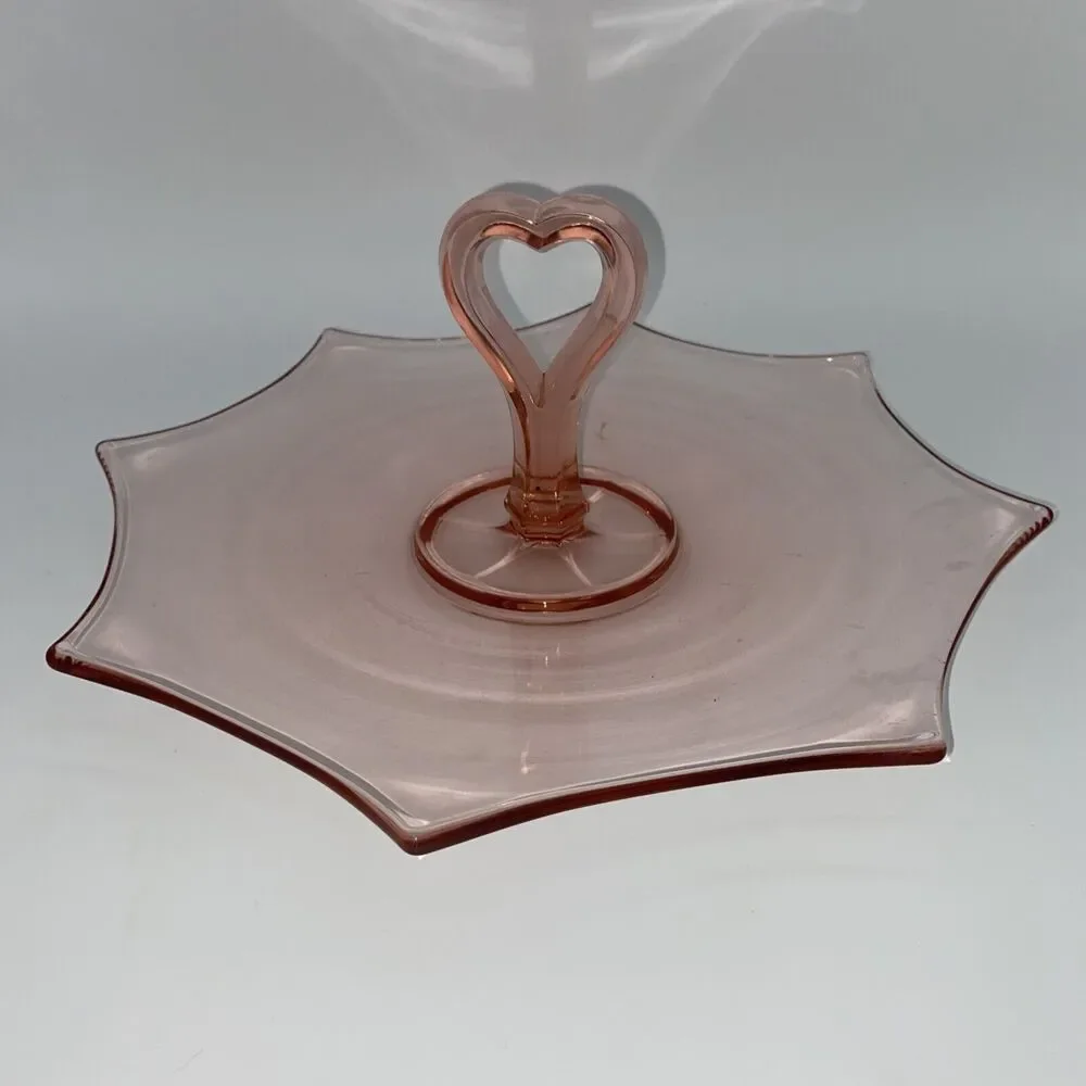 vtg Pink Glass Tidbit Tray Heart Handle Art Deco Serving Dish Plate love